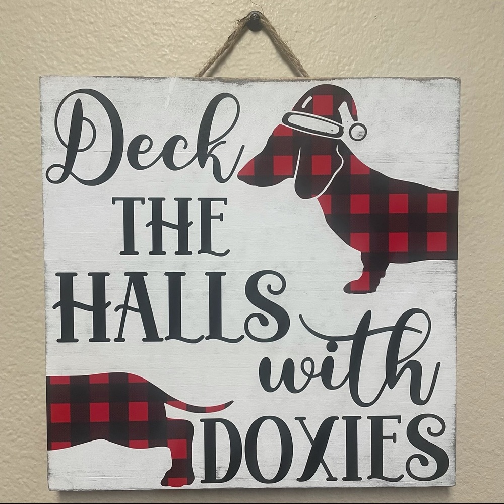 Dachshund Christmas Gift Farmhouse Sign Red Plaid Deck the Halls Doxies